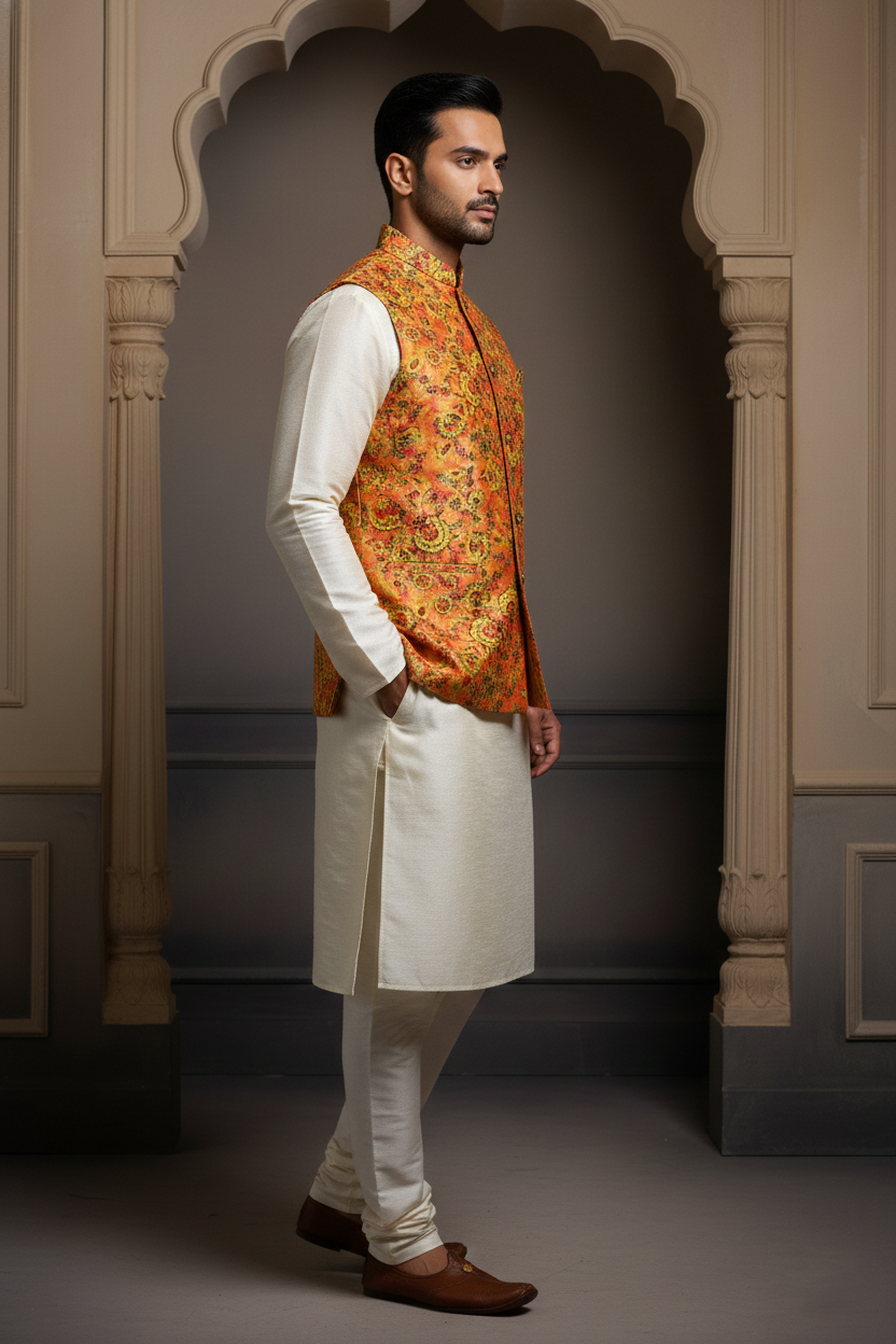 Title: Harvest Gold: The Floral Tapestry Nehru Ensemble