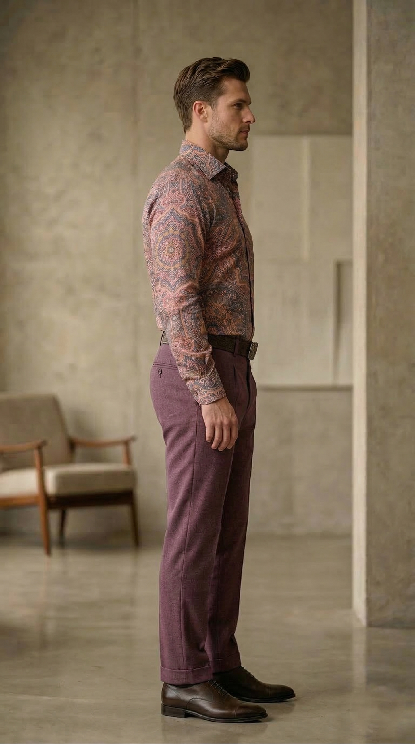 Designer Men'sOrnate Mandala Print Shirt , Sunset Copper & Plum Kaleidoscope Motif
