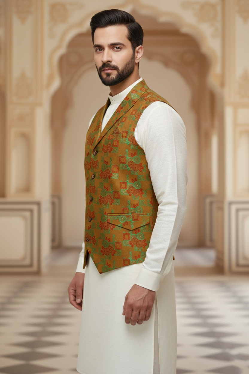 Men’s Brown Floral Designer Waistcoat | Red & Green Flower Work Slim Fit Vest