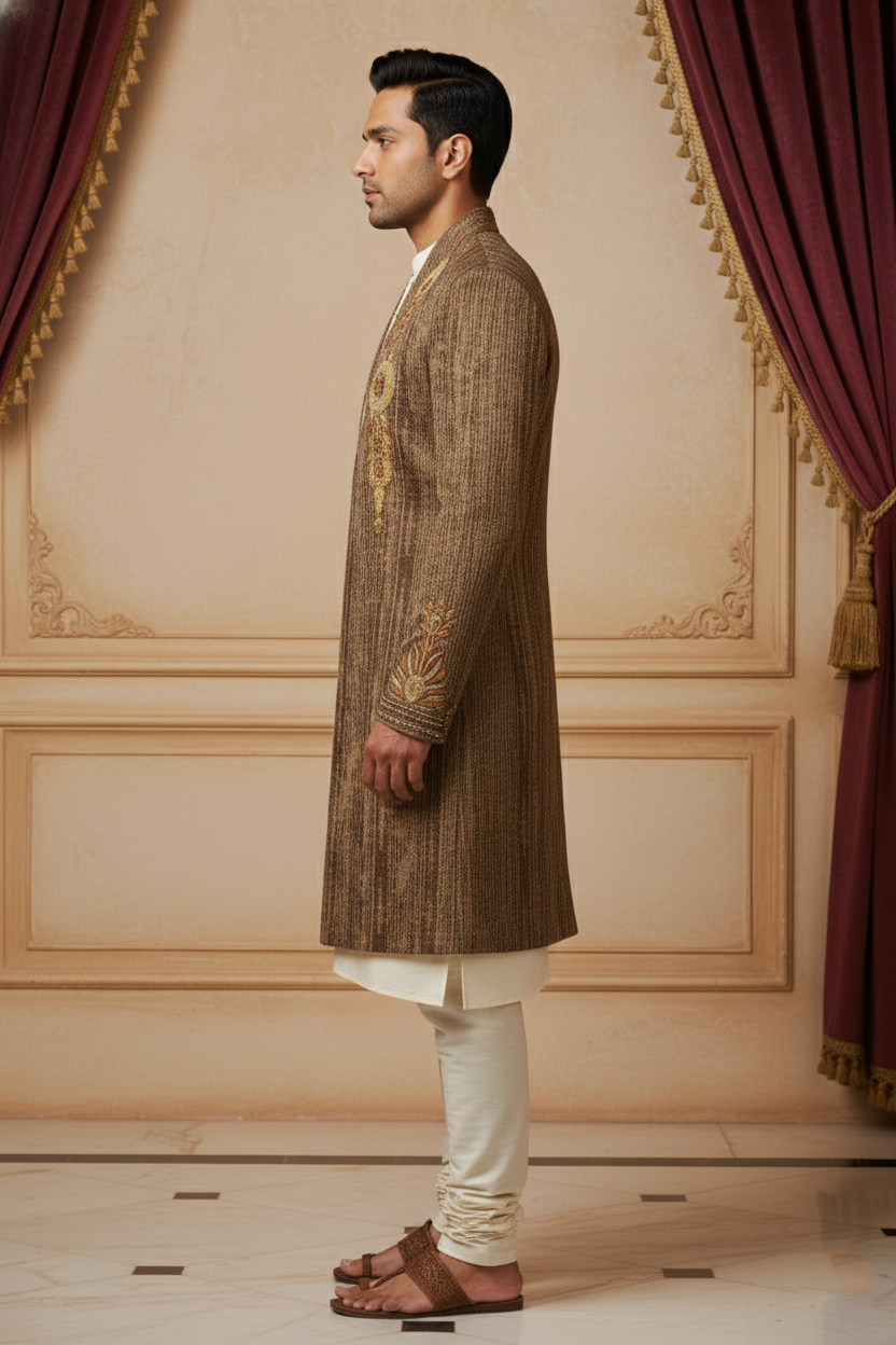 Brown Sherwani with Gold Detailing