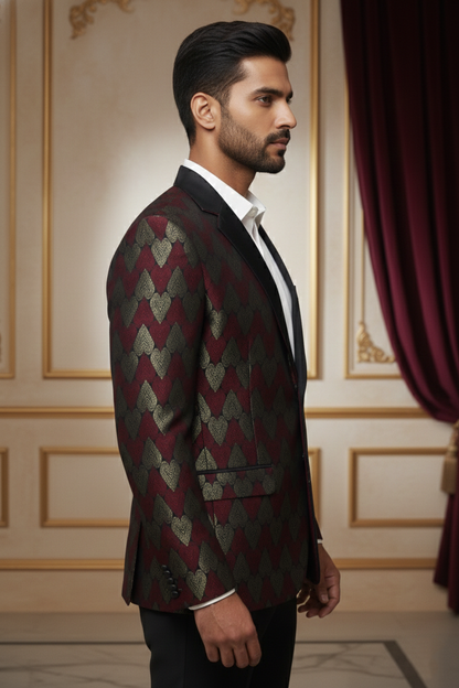 Red & Gold Geometric Pattern Blazer with Satin Lapels