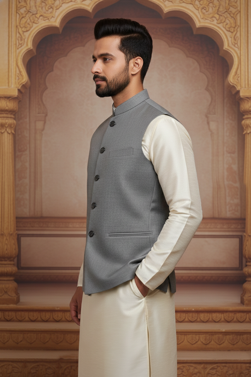 Classic Grey Textured Nehru Jacket with Cream  Kurta Set