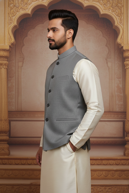 Classic Grey Textured Nehru Jacket with Cream  Kurta Set