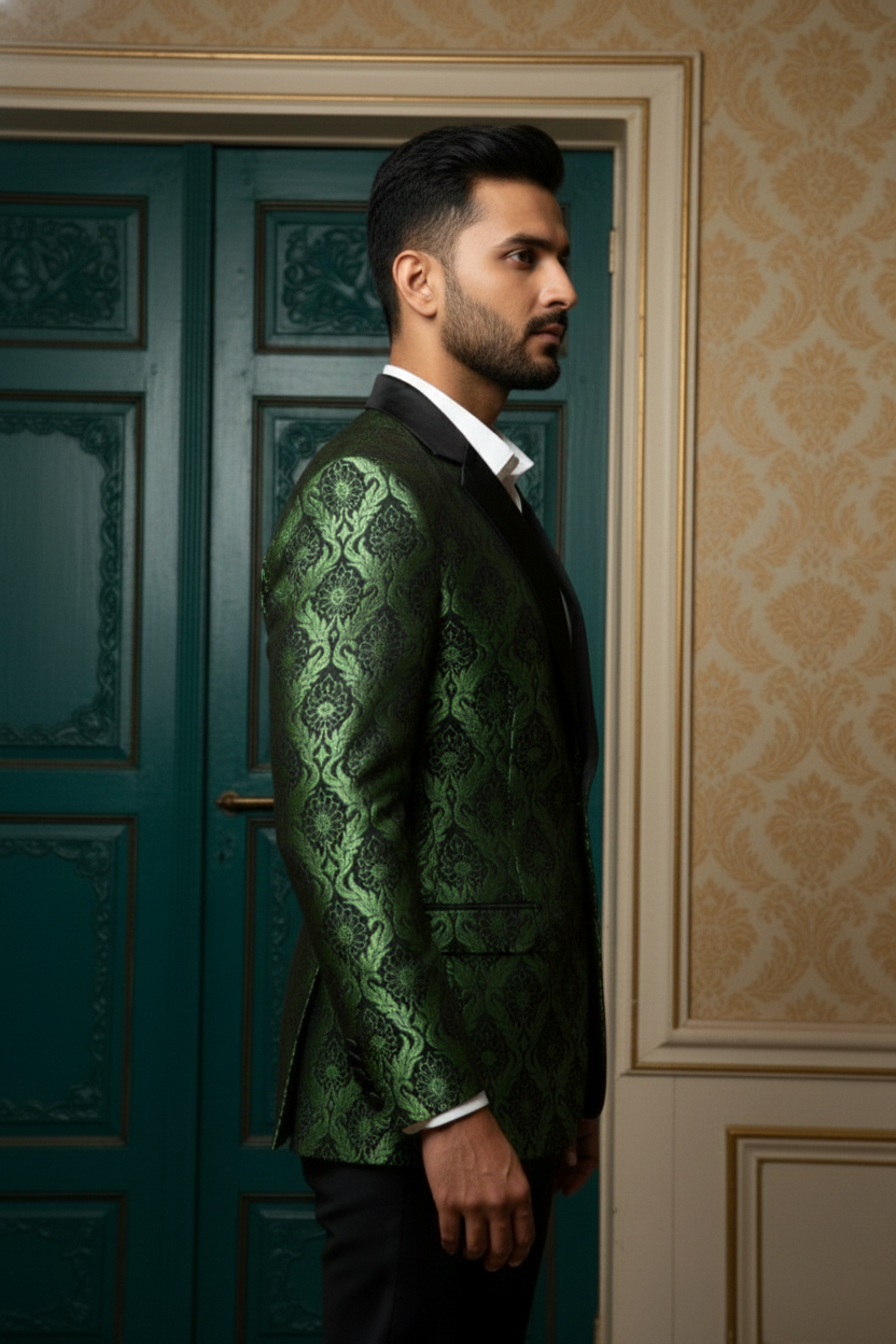 Emerald Sovereign Green Jacquard Blazer , Slim Fit Designer Tuxedo with Satin Peak Lapels