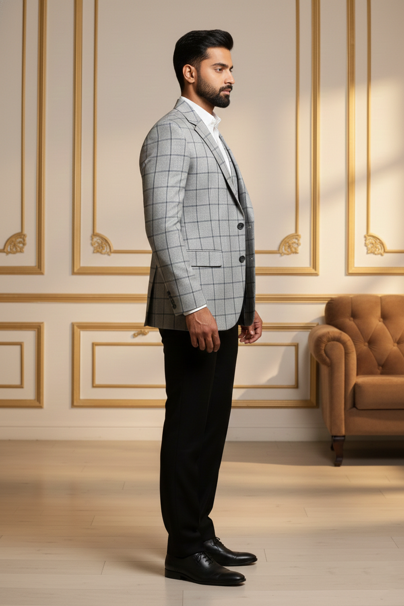 Men'sLight Grey Windowpane Check Slim-Fit Blazer