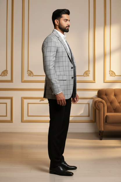 Men'sLight Grey Windowpane Check Slim-Fit Blazer