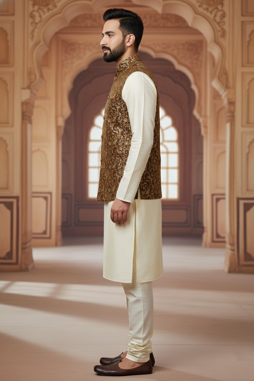 Men’s Brown Printed Nehru Jacket with Ivory Kurta