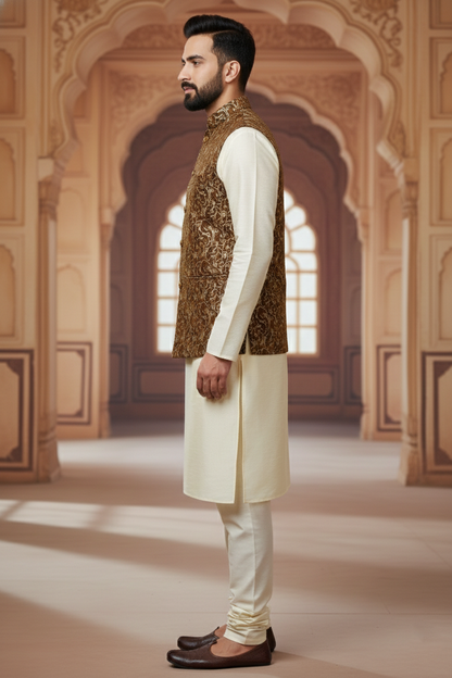 Men’s Brown Printed Nehru Jacket with Ivory Kurta