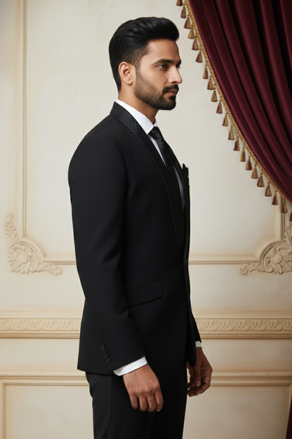 Black Formal Jacket with Woven Lapel Detailing