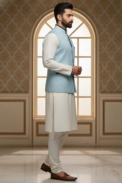 Men’s Light Blue Nehru Jacket with Navy Contrast Piping | Ethnic Waistcoat