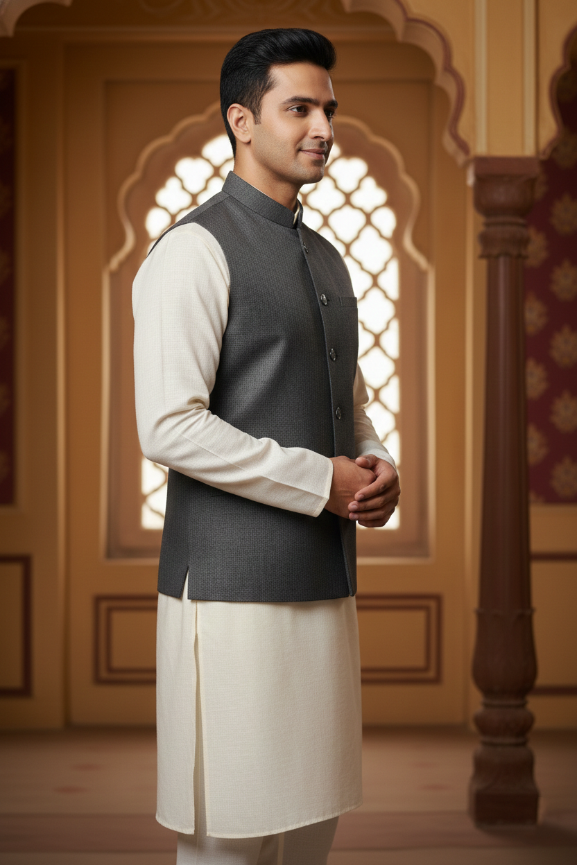 Men’s Light Grey Nehru Jacket | Solid Ethnic Waistcoat with Mandarin Collar