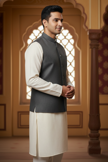 Men’s Light Grey Nehru Jacket | Solid Ethnic Waistcoat with Mandarin Collar