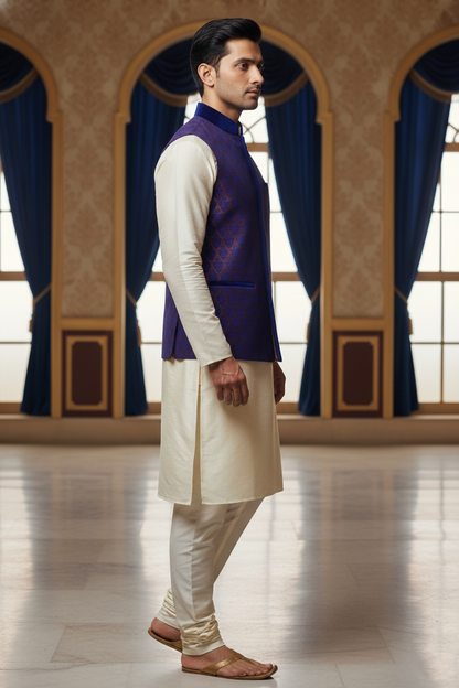 Men's Jacquard Silk Nehru Jacket – Purple & Blue Ethnic Wedding Waistcoat