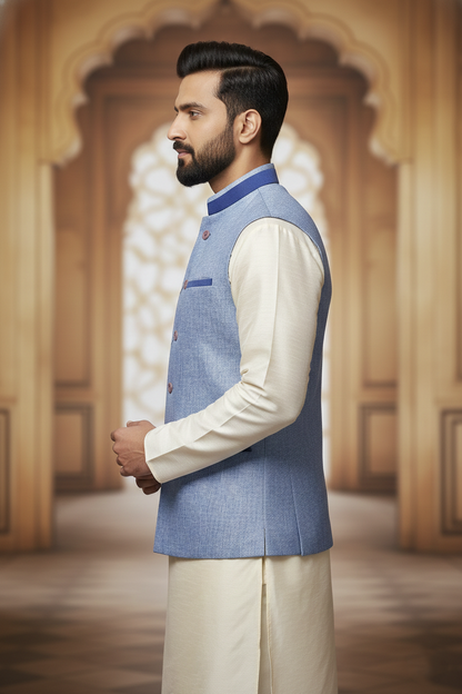 Light Blue Nehru Jacket with Cream Kurta Set