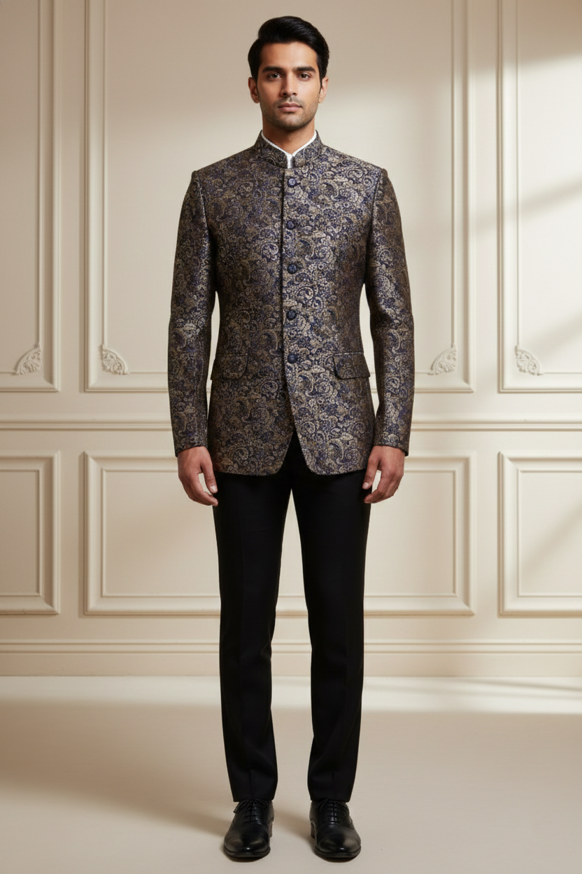 Men'sPremium Navy Blue & Gold Silk Jacquard Jodhpuri Suit