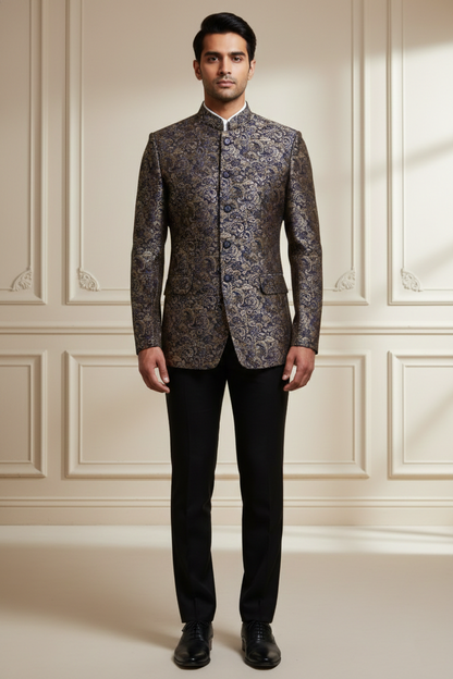 Men'sPremium Navy Blue & Gold Silk Jacquard Jodhpuri Suit