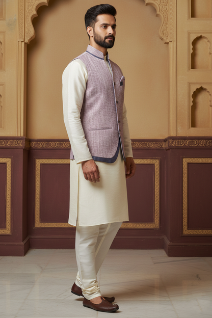 Men's Mauve Textured Nehru Jacket – Designer Curved "U" Cut Ethnic Waistcoat | Slim Fit Modi Jacket for Weddings & Festivals