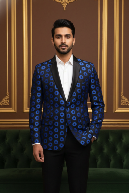 Men's Royal Blue Geometric Circle Print Party Wear Blazer with Satin Shawl Lapel
