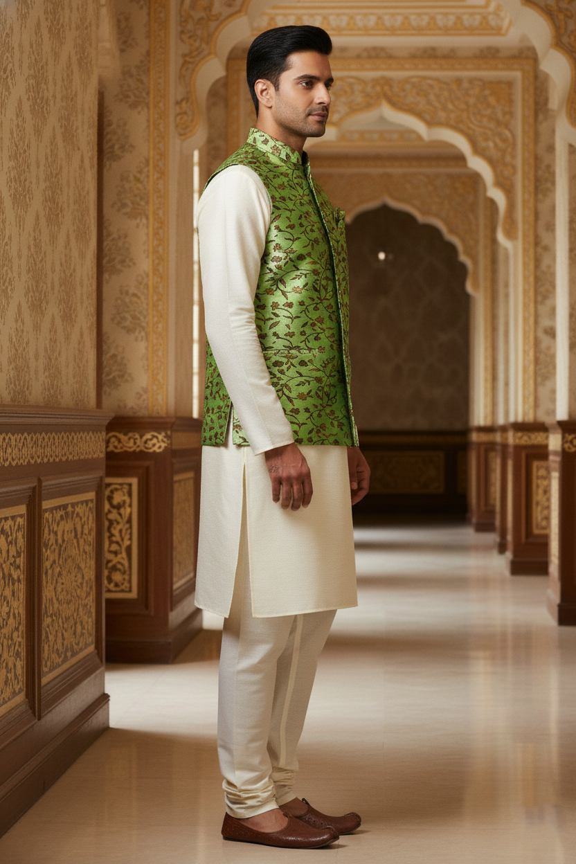 Emerald Vine: The Lustrous Foliage Nehru Jacket