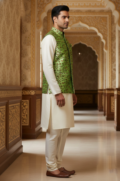 Emerald Vine: The Lustrous Foliage Nehru Jacket