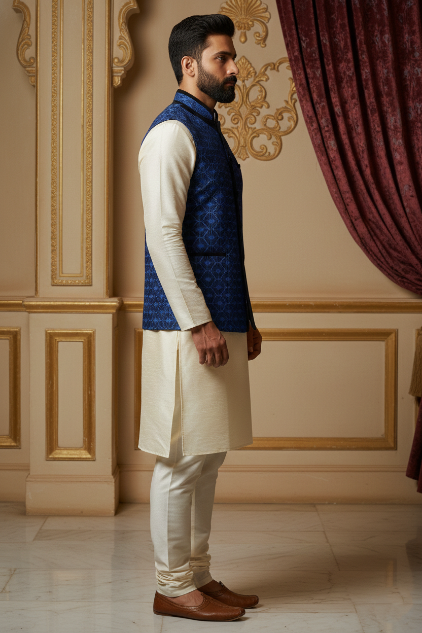 Blue Geometric Nehru Jacket with Cream Kurta Set