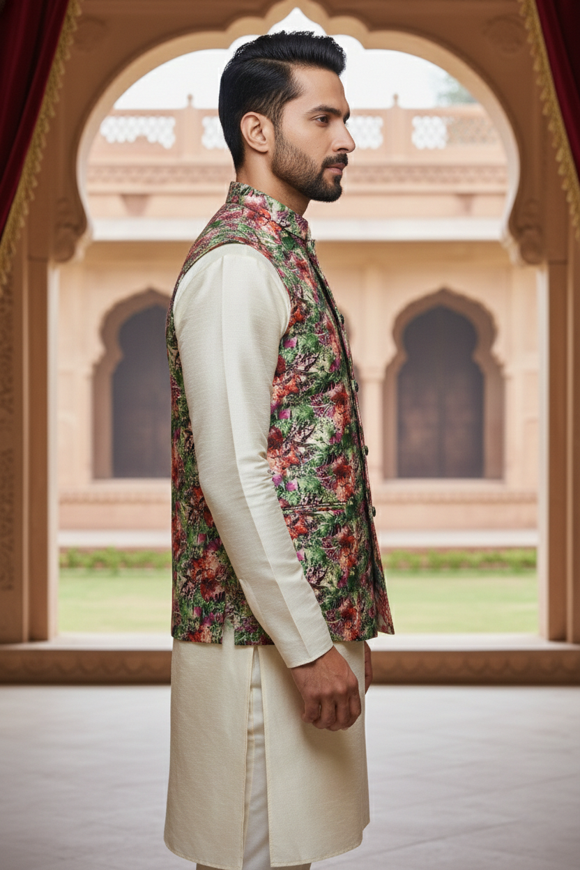 Vibrant Verdant Bloom: Men’s Floral Nehru Jacket
