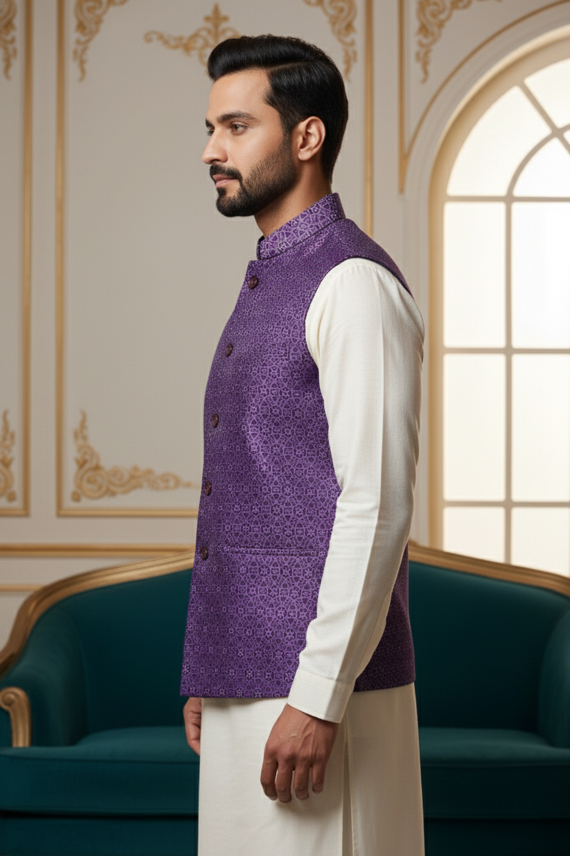 Men’s Royal Purple Brocade Nehru Jacket