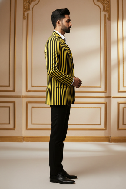 Men's Slim Fit Yellow and Black Vertical Striped Blazer , Modern Statement Sport Coat