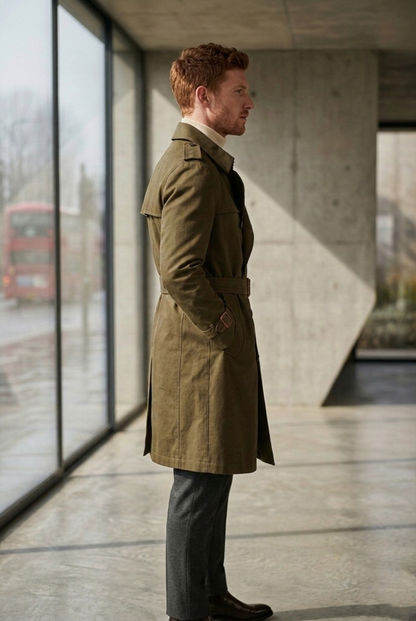 Men'sOlive Green Belted Double-Breasted Trench Coat