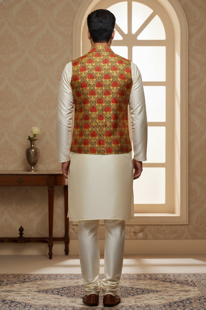 Men's Mustard Gold and Crimson Jacquard Waistcoat – Notch Lapel Brocade Nehru Jacket with Heritage Motif Print