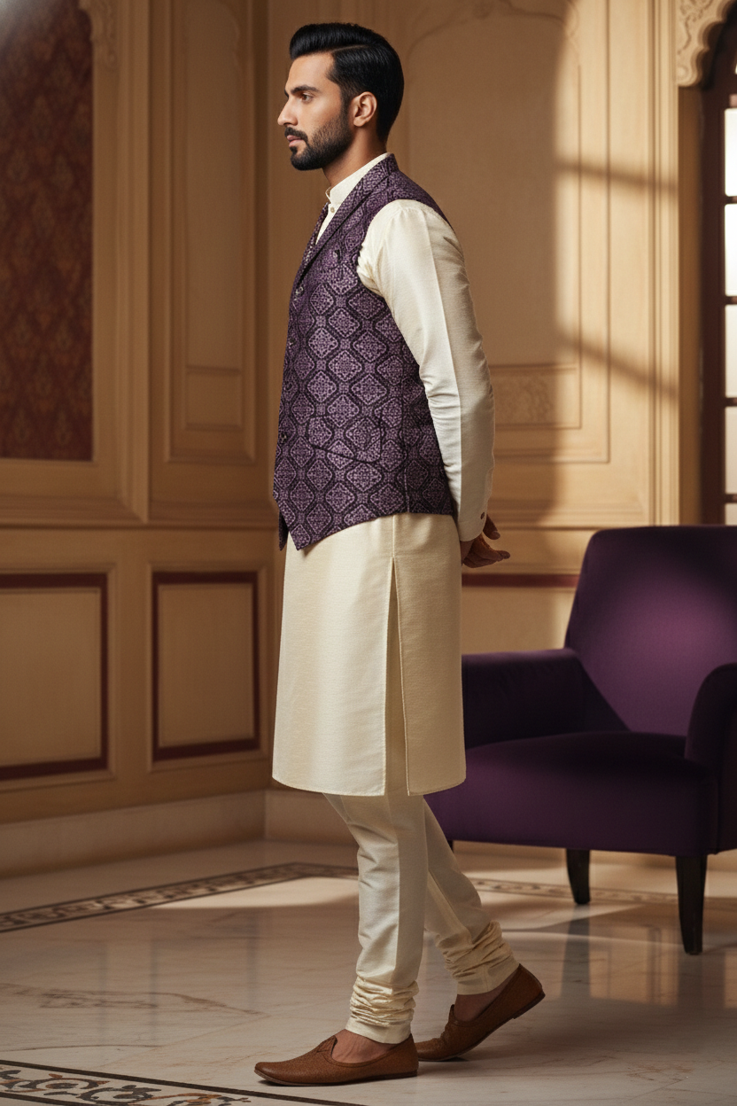 Men’s Purple Jacquard Silk Waistcoat with Notch Lapel | Slim Fit Festive Vest