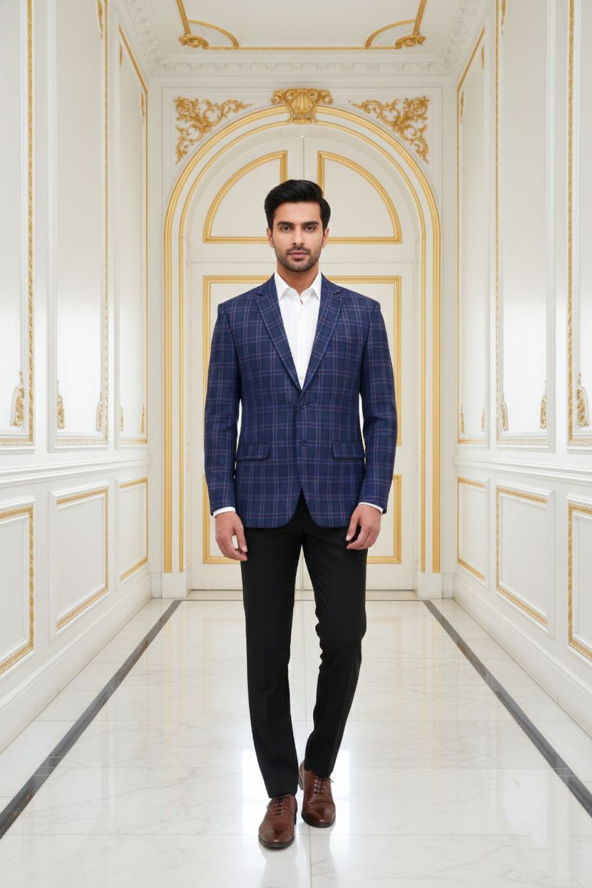 Men's Premium Blue Checkered Jacquard Blazer