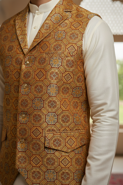 Men’s Brown Designer Waistcoat | Red & Blue Work Slim Fit Festive Vest