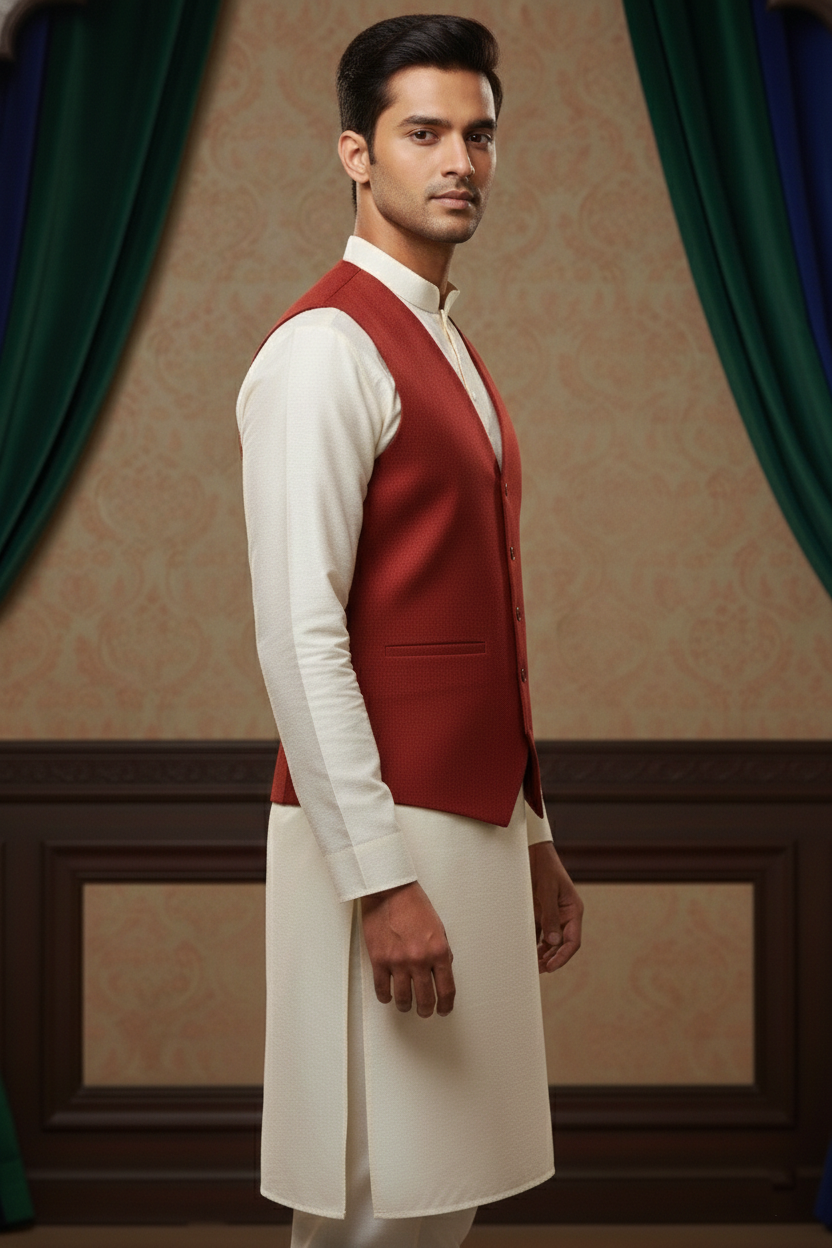 Men’s Red Jacquard Silk Waistcoat with Notch Lapel | Slim Fit Festive Vest