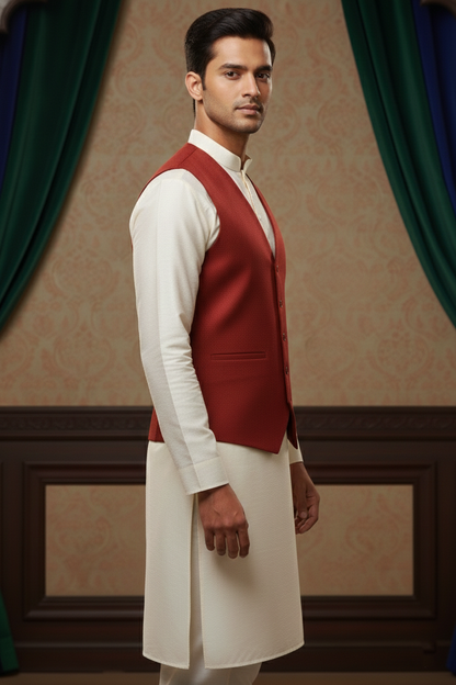 Men’s Red Jacquard Silk Waistcoat with Notch Lapel | Slim Fit Festive Vest