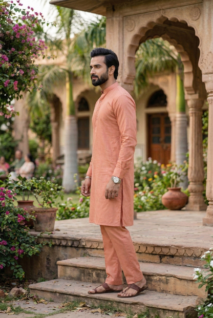 Men's Peach Cotton Silk Plain Kurta Pajama Set