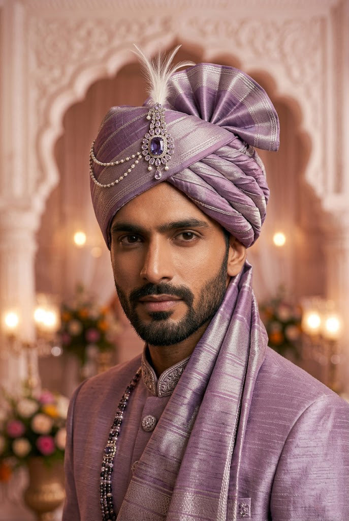 Royal Lavender Silk Groom Turban with Silver Zari