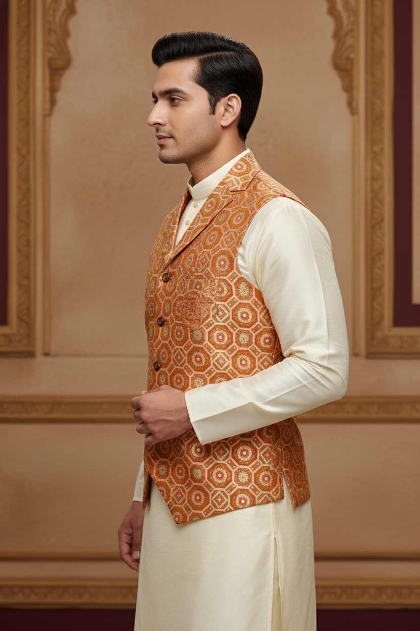 Men's Royal Red Geometric Print Nehru Jacket – Premium Silk-Finish Ethnic Waistcoat for Weddings & Festivals