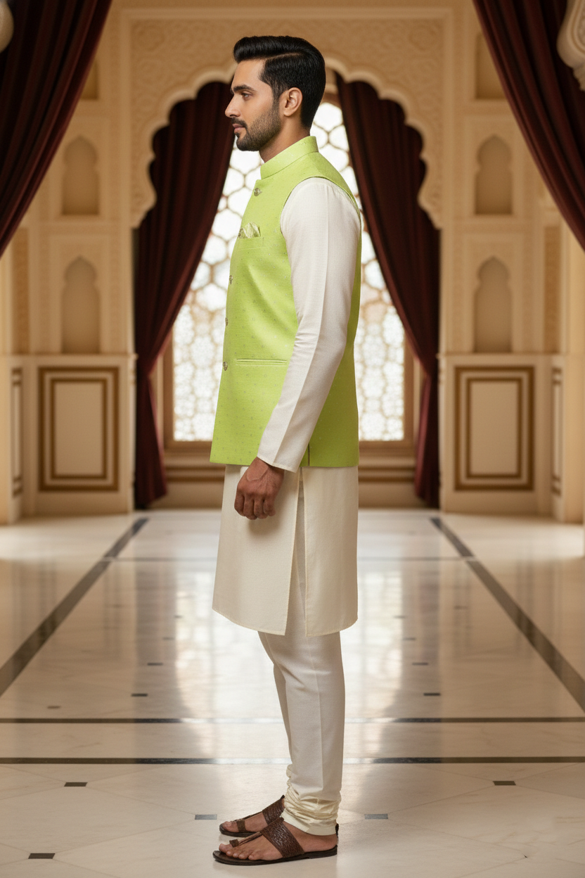 Men’s Pista Green Dotted Nehru Jacket with Ivory Kurta  Pajama