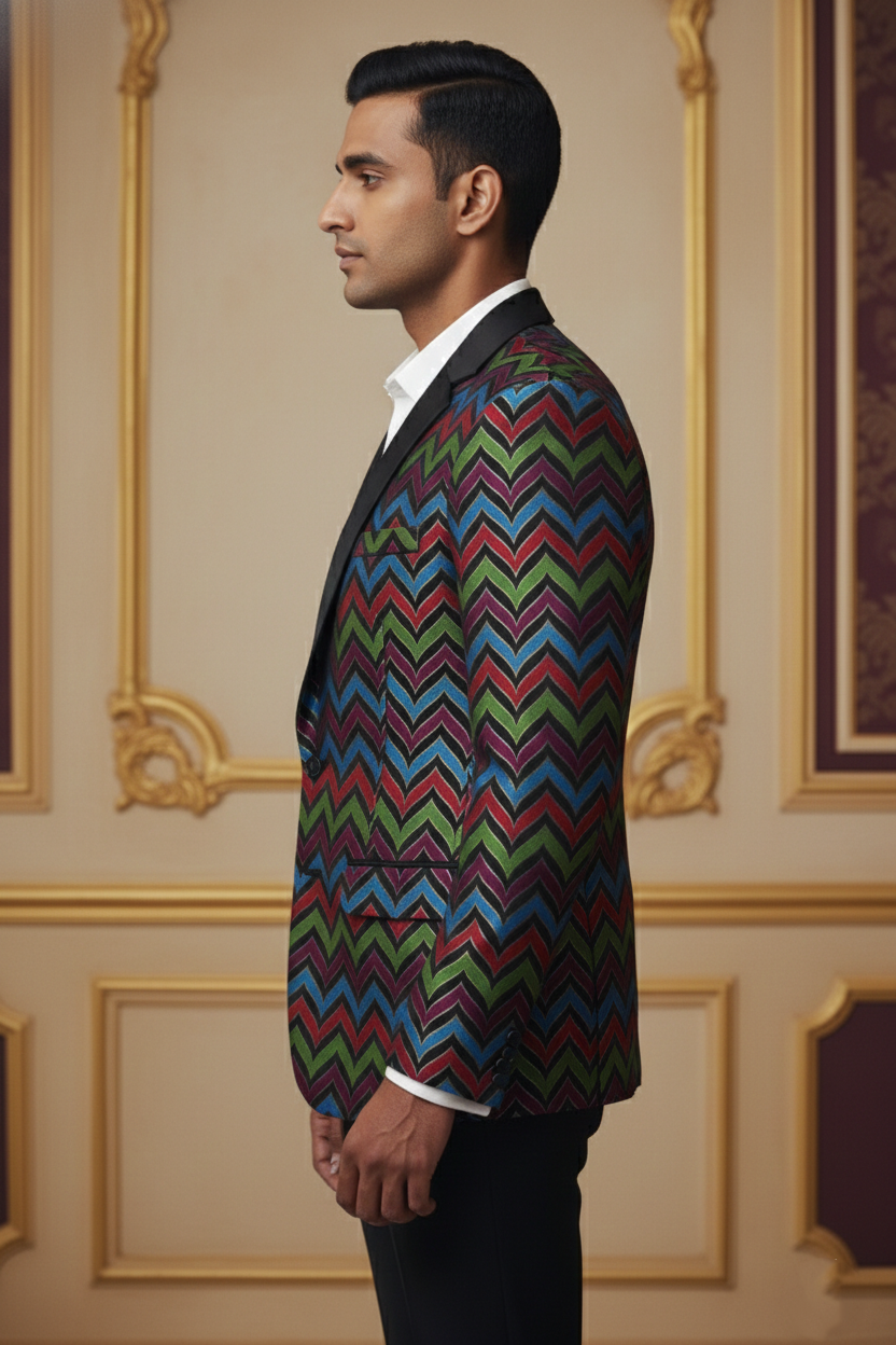 Multicolor Zigzag Double-Breasted Blazer with Satin Lapels