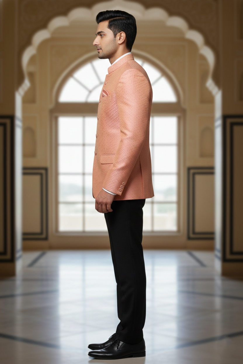 Men's Peach Textured Silk Jodhpuri Blazer