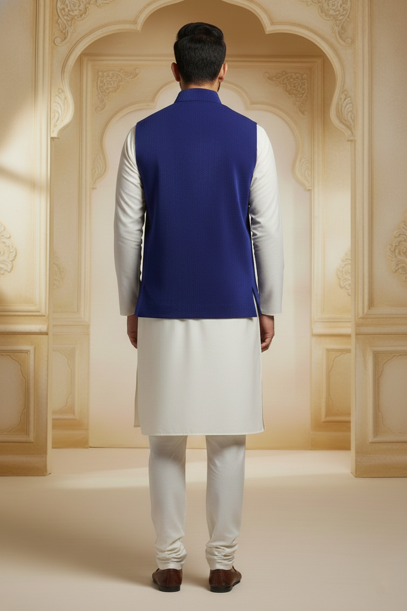 Royal Blue Nehru Jacket with Cream Kurta Set