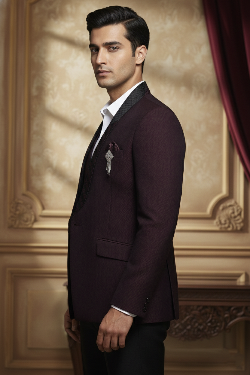 Deep Maroon Ceremonial Suit with Intricate Detailing