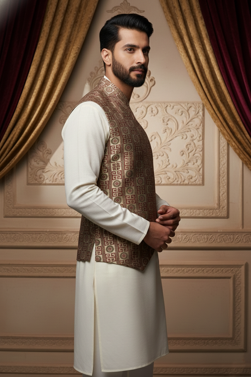 Men’s Beige & Maroon Designer Printed Waistcoat | Slim Fit Festive & Party Wear Vest