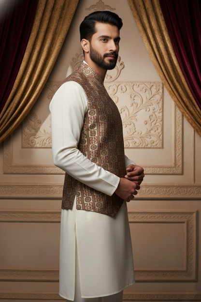 Men’s Beige & Maroon Designer Printed Waistcoat | Slim Fit Festive & Party Wear Vest