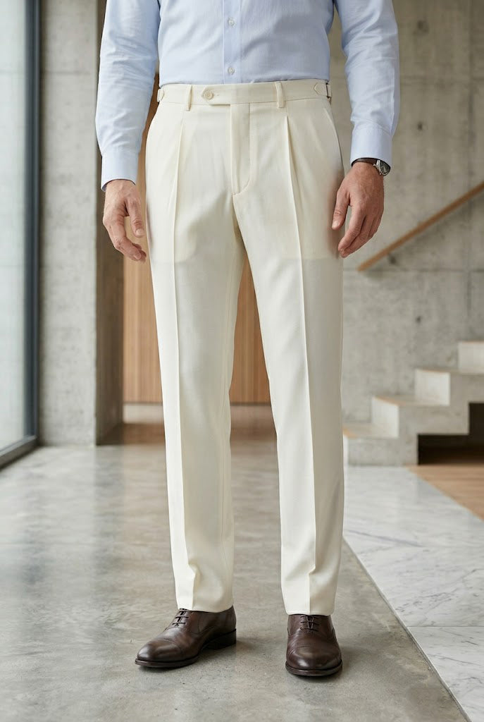 Men'sCream Textured Linen-Blend Side-Tab Trousers