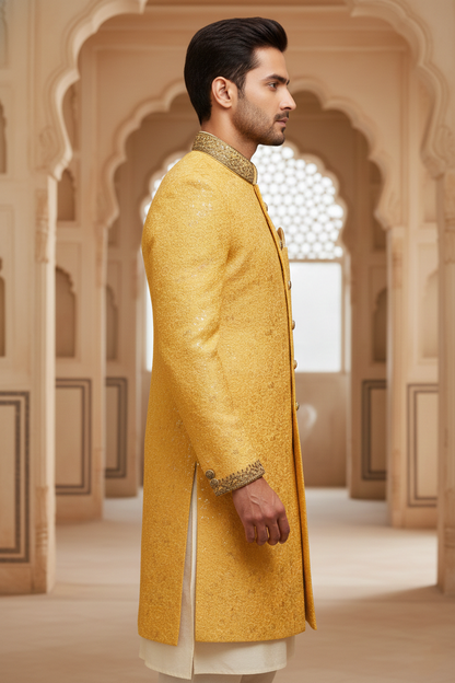 Men'sMustard Embroidered Wedding Sherwani