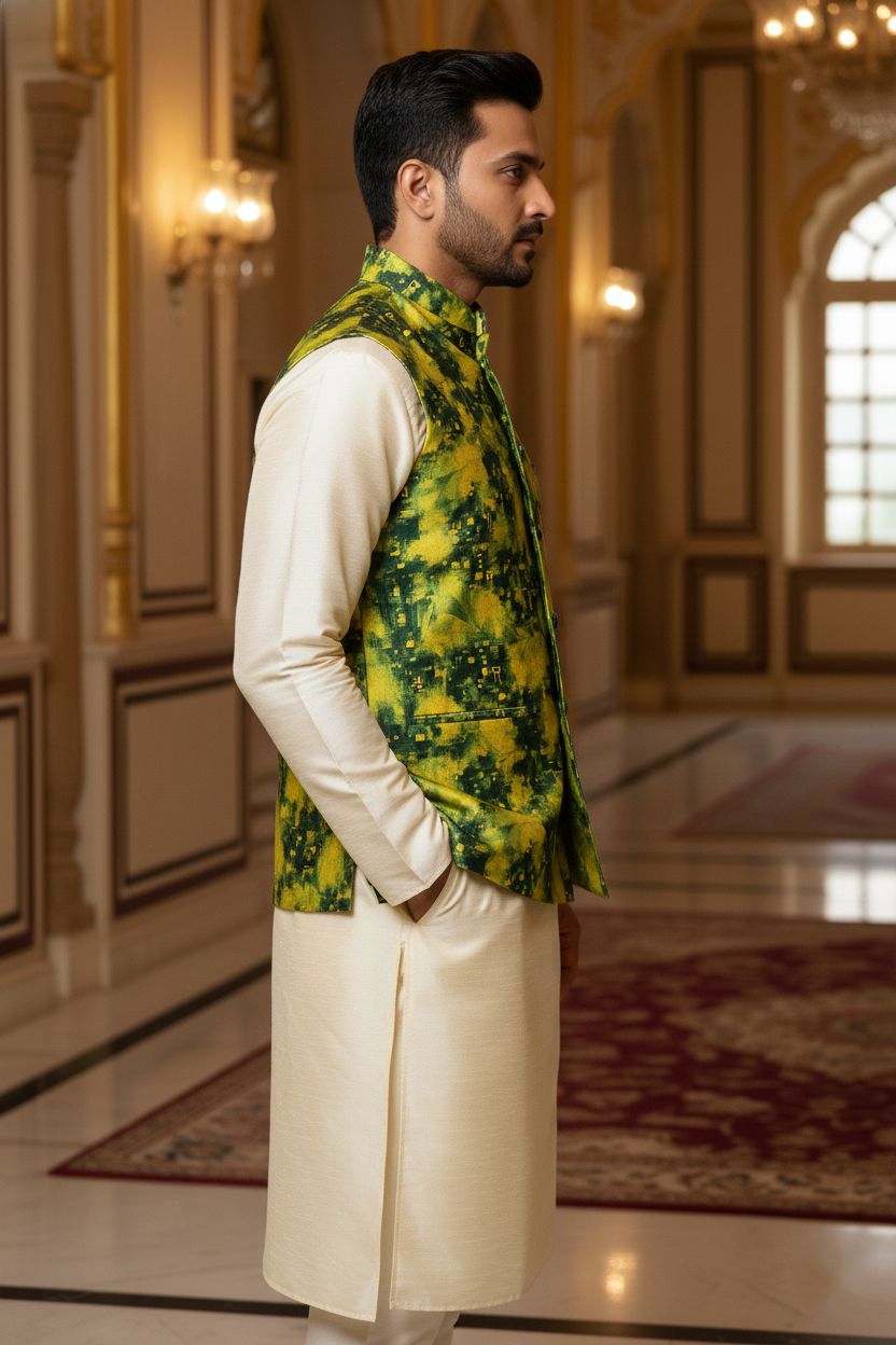 Title: Abstract Verve: The Contemporary Lime and Emerald Nehru Ensemble