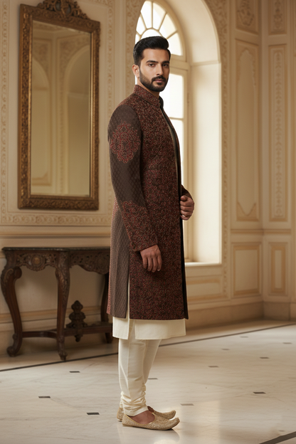 Maroon Embroidered Sherwani Ensemble