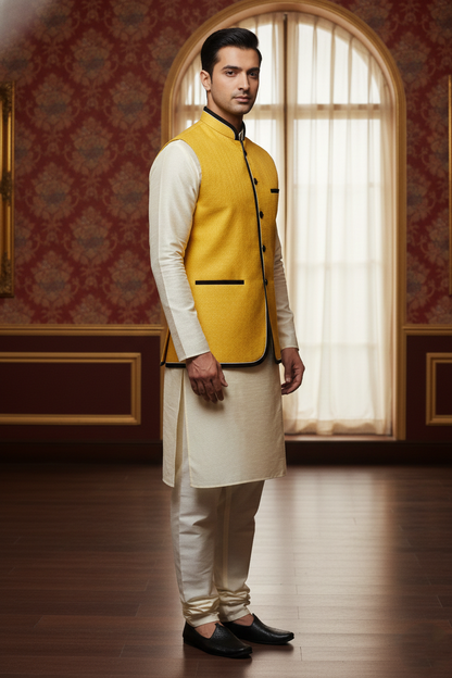 Men’s Yellow Nehru Jacket with Black Piping | Designer Ethnic Waistcoat